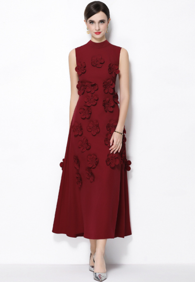 Elegant 3D Flower Patchwork Sleeveless High Neck Maxi Gown Wedding Guest Dress K26032403