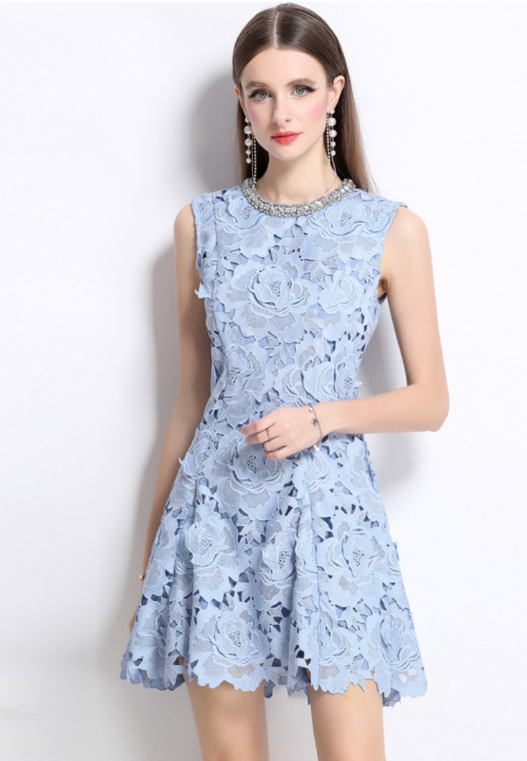 Sleeveless Lace Mini Dress With Rhinestone Neckline Dusty Blue Cocktail Party Dress K26032401