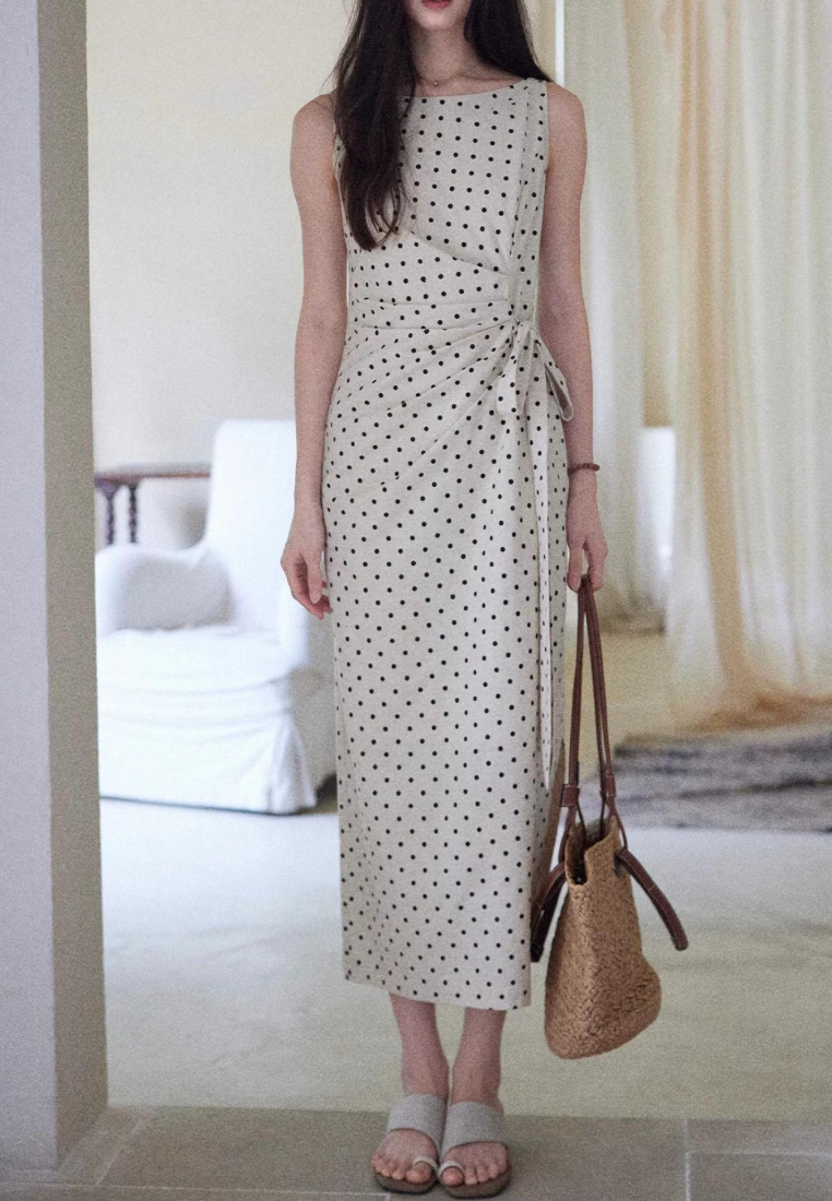 Polka Dot Linen Blend Sleeveless Maxi Dress French Style Waist Tie Wrap Dress K26033109