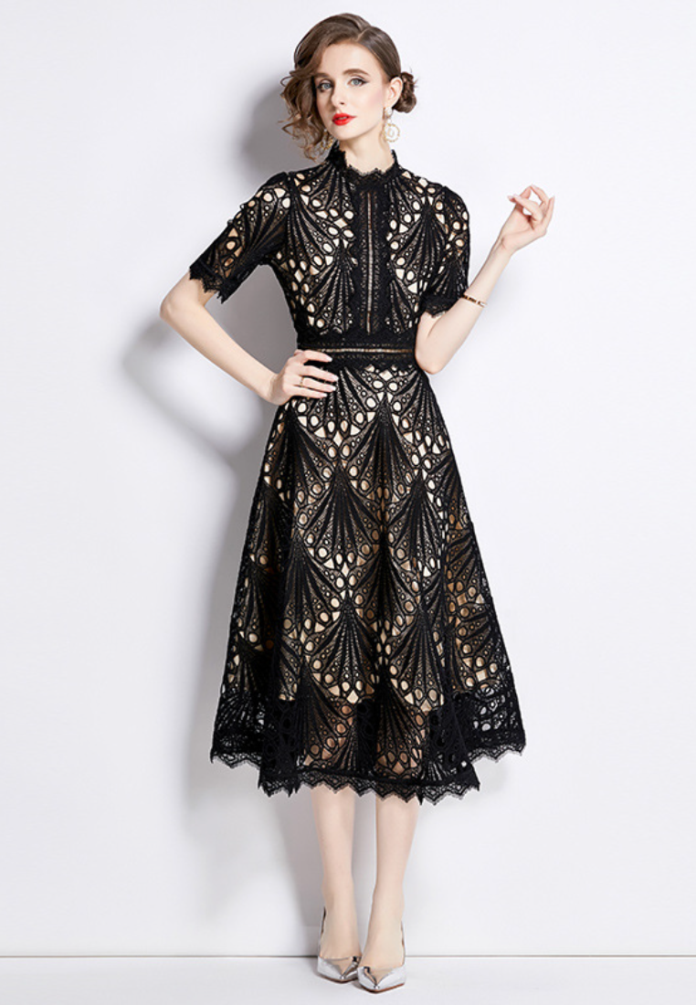 New S/S French-style lace-trimmed round neck elegant party dress K26011202