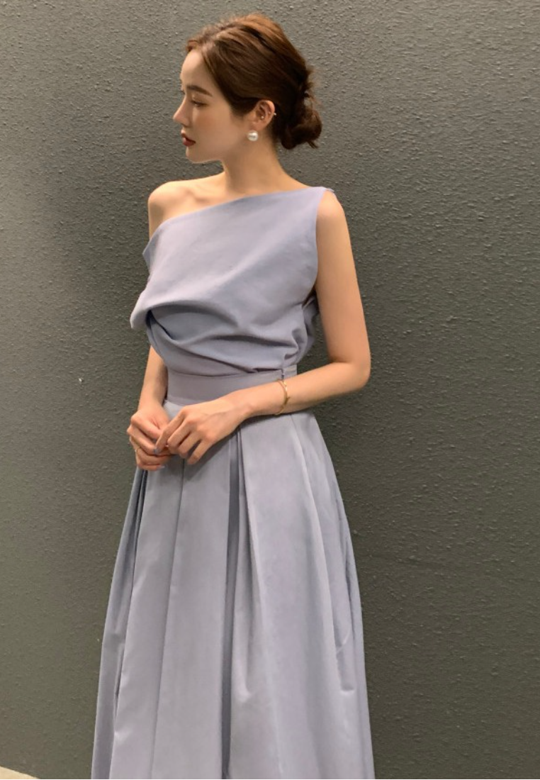 Chic Style Asymmetric Neck Top With Pleated Midi Skirt Two Piece Set K26050507