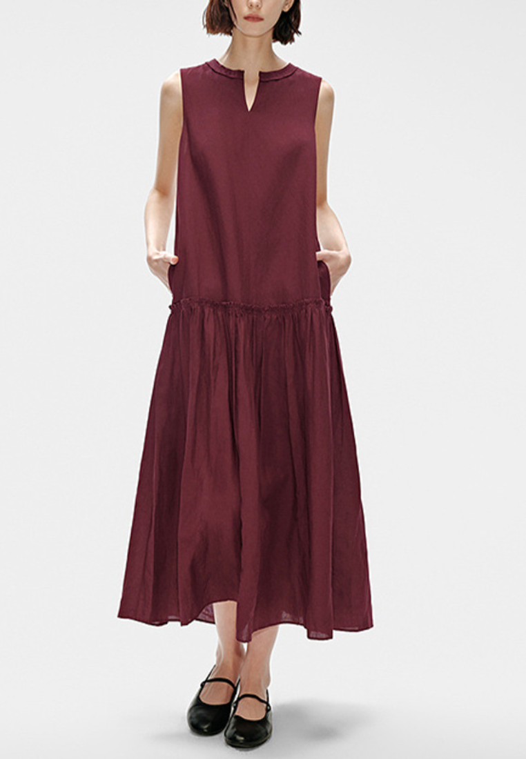 Chic Style Sleeveless Keyhole Neck Tiered Linen Maxi Dress K26051104