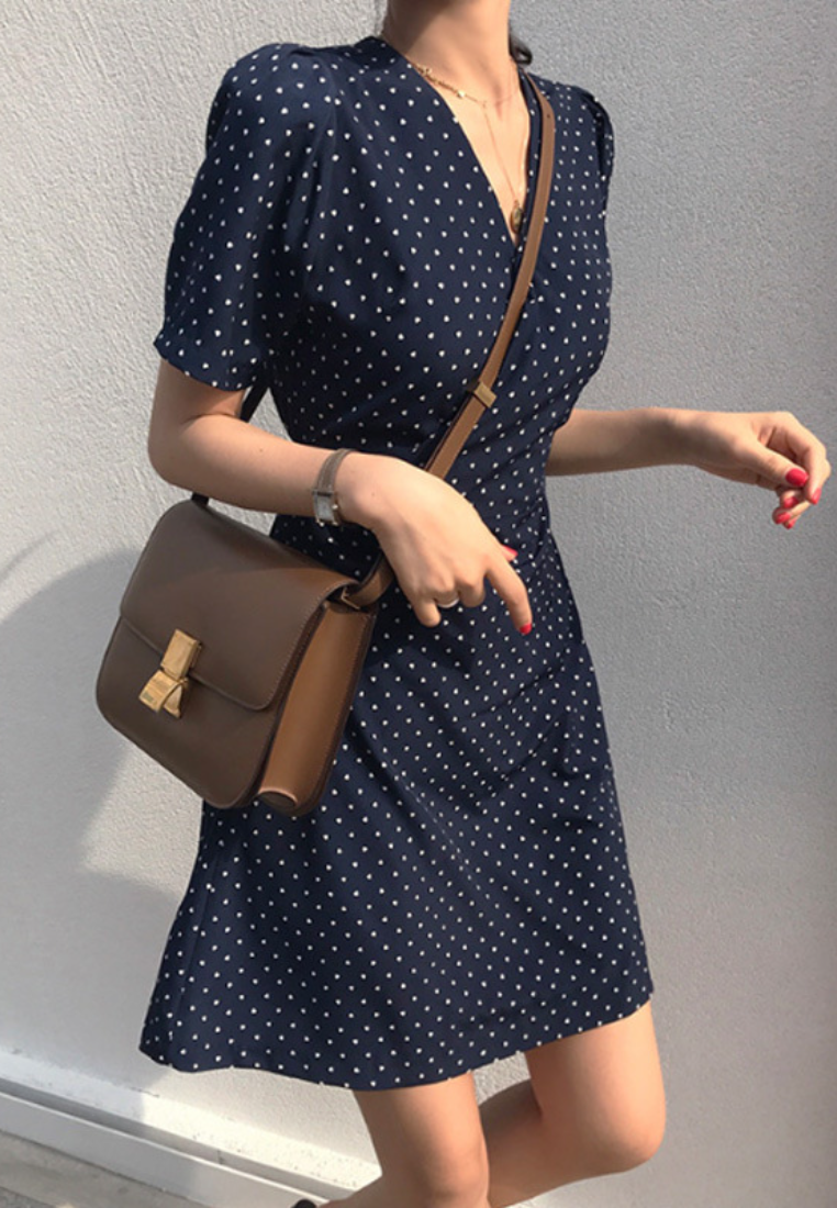 Chic Style Polka Dot V-Neck Short Sleeve Wrap Mini Dress K26051102