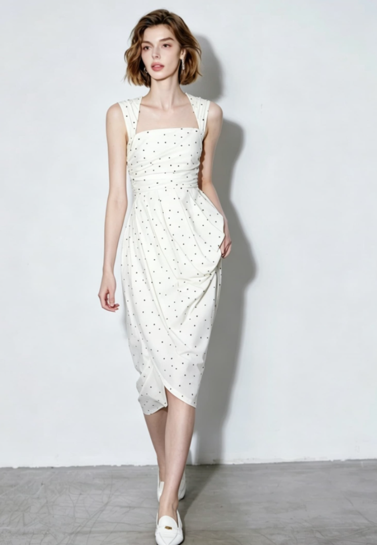 Elegant polka dot ruched midi dress K26051207