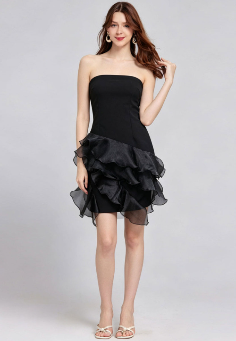 Elegant strapless ruffle hem mini dress K26051306