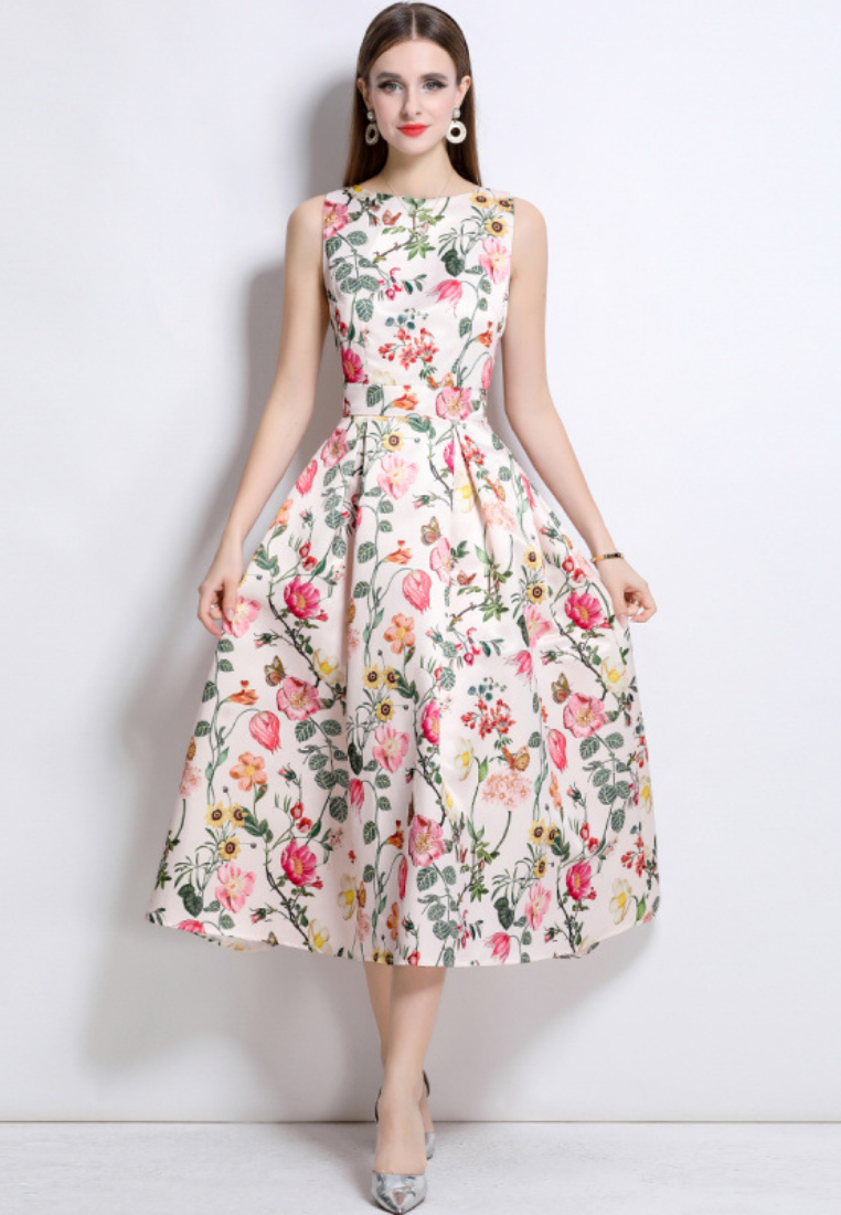 Romantic floral print sleeveless fit and flare midi dress K26051309