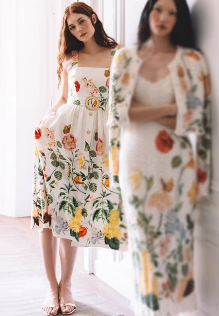 Romance New floral print belted square neck midi dress K26051302