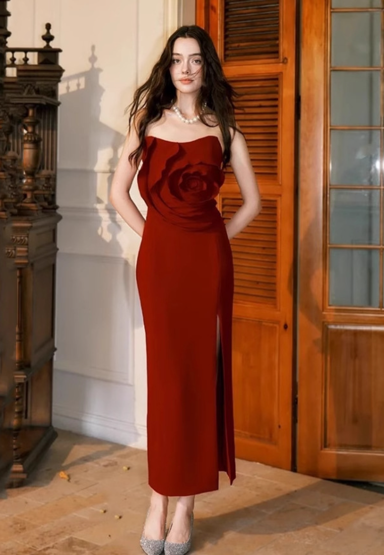 New Elegant Rose Red women Dresses Party Dress K25121001