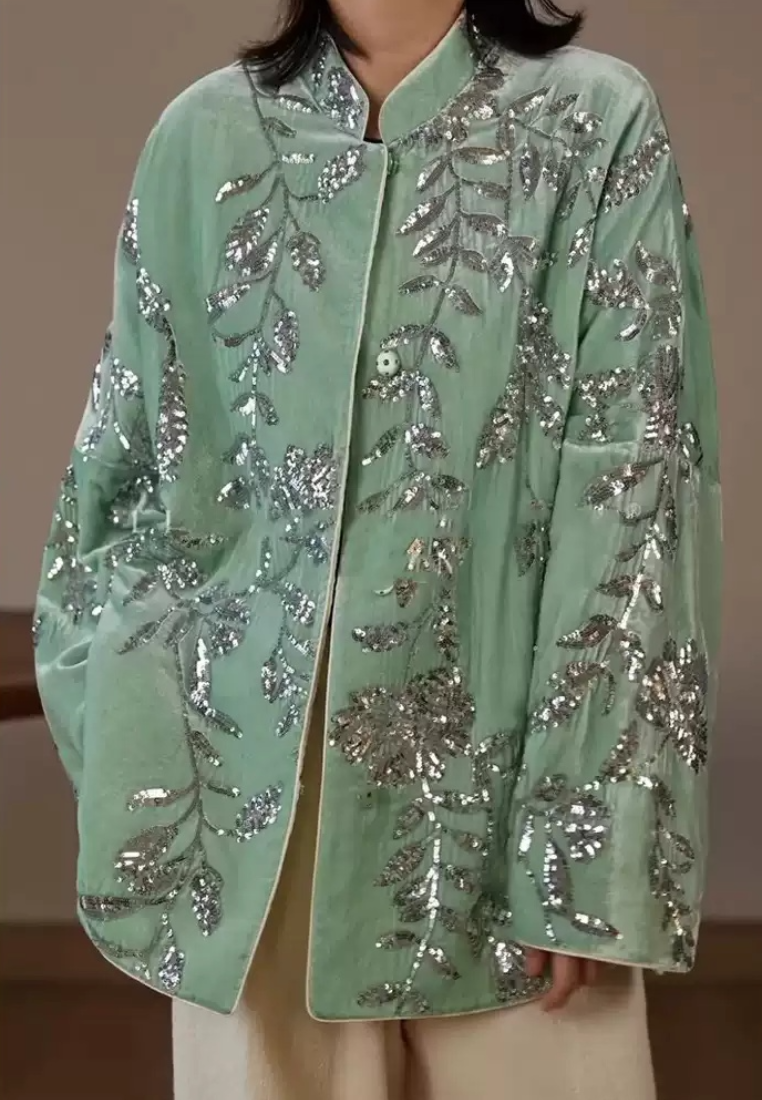 New Retro Elegant sequin embroidery green velvet jacket K26012002