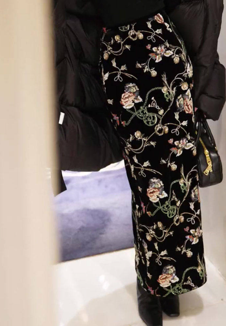 New black velvet midi skirt for women Chinese retro style Suit Set K26012001