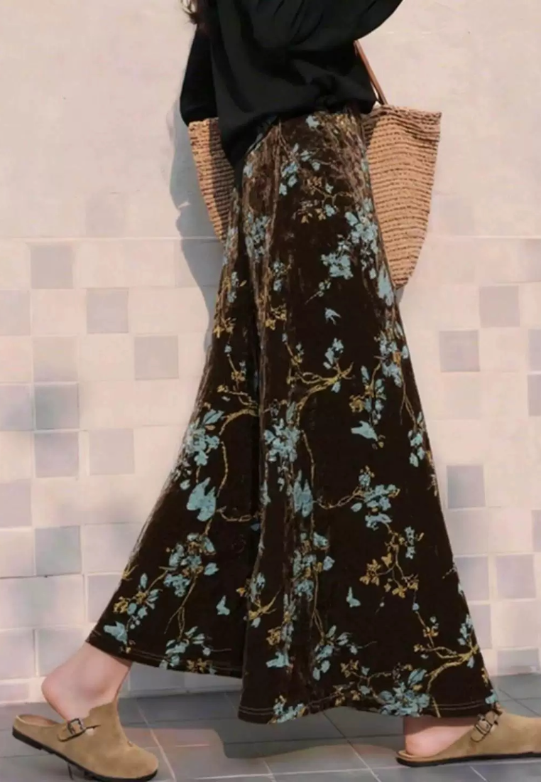 New Retro Brown printed velvet midi skirt for women K26012011