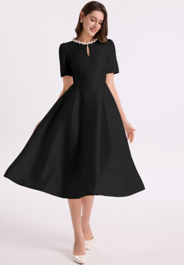 Elegant pearl neck short sleeve midi dress K26051308
