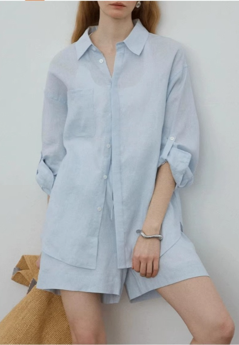 Classic Linen Long Sleeve Shirt And Shorts Set Women Casual Two Piece Outfit K26032406