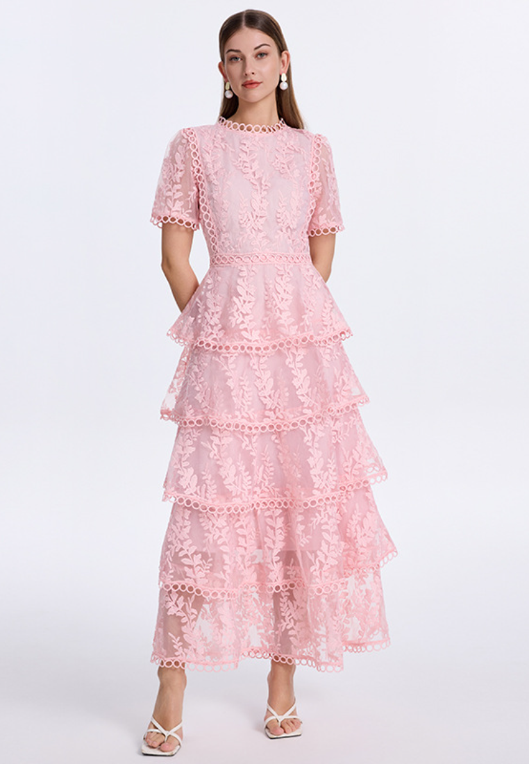 Short Sleeve Floral Lace Tiered Midi Dress Elegant Cocktail Party Dress K26032404