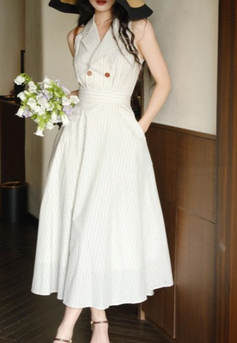 Retro Pinstripe Sleeveless A Line Long Dress Elegant Summer Casual Dress K26033108
