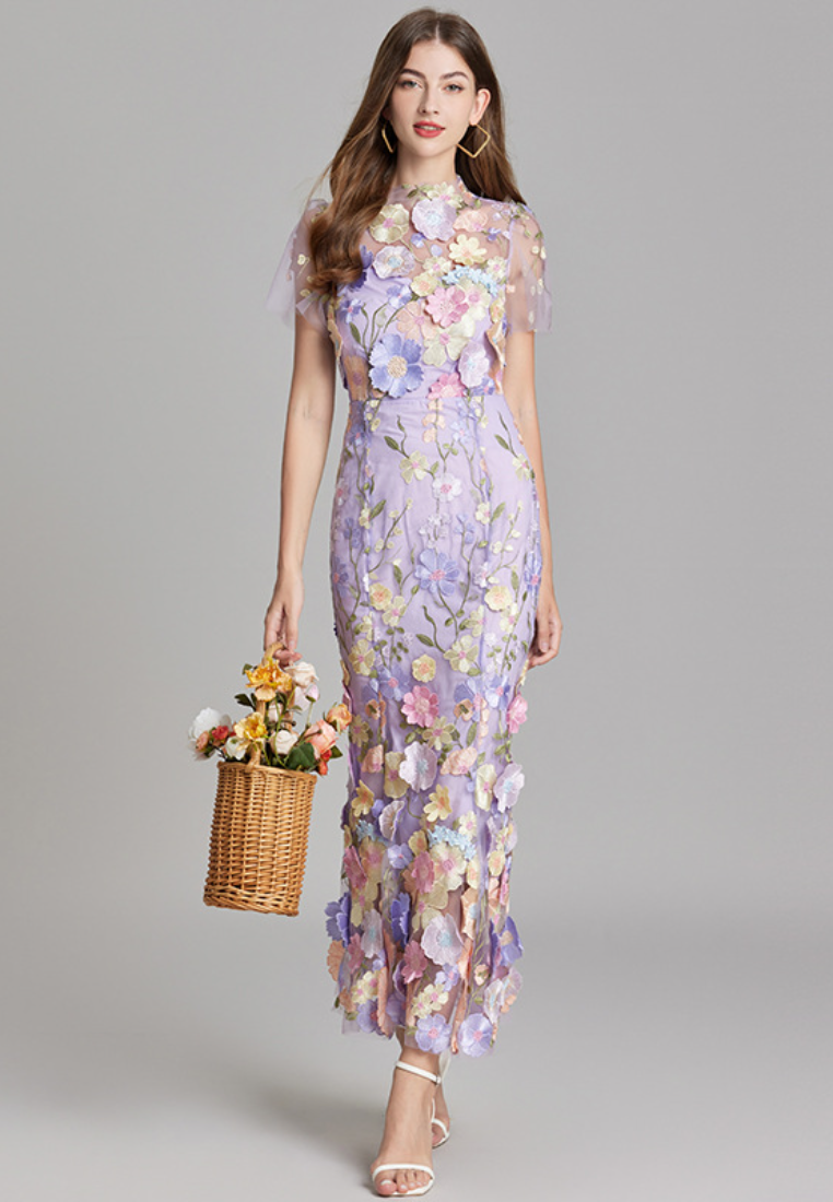 New S/S Elegant court-style floral mesh embroidery bodycon Party dress K26011206 