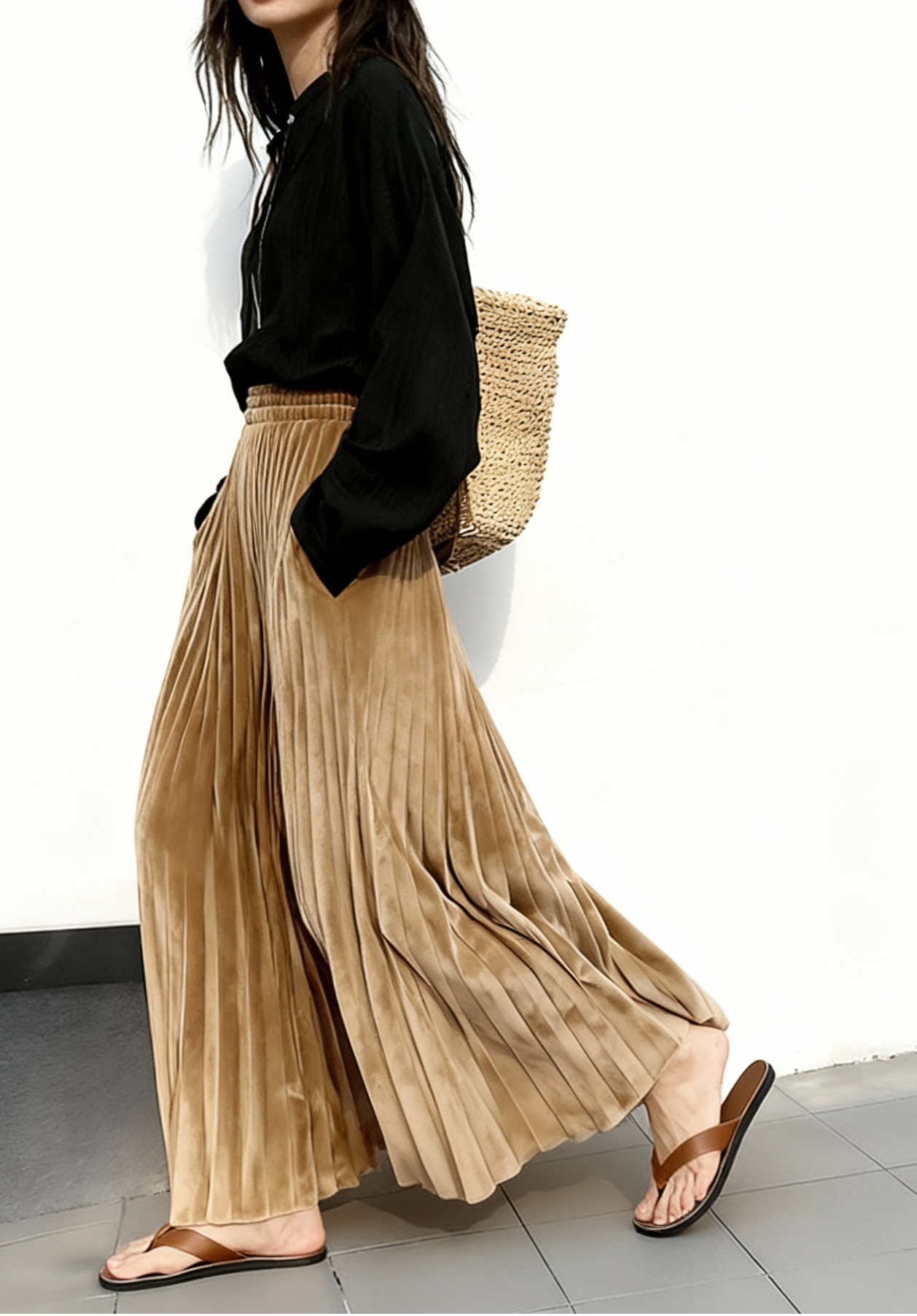 New retro high-waisted green A-line pleated velvet midi skirt for women K010607