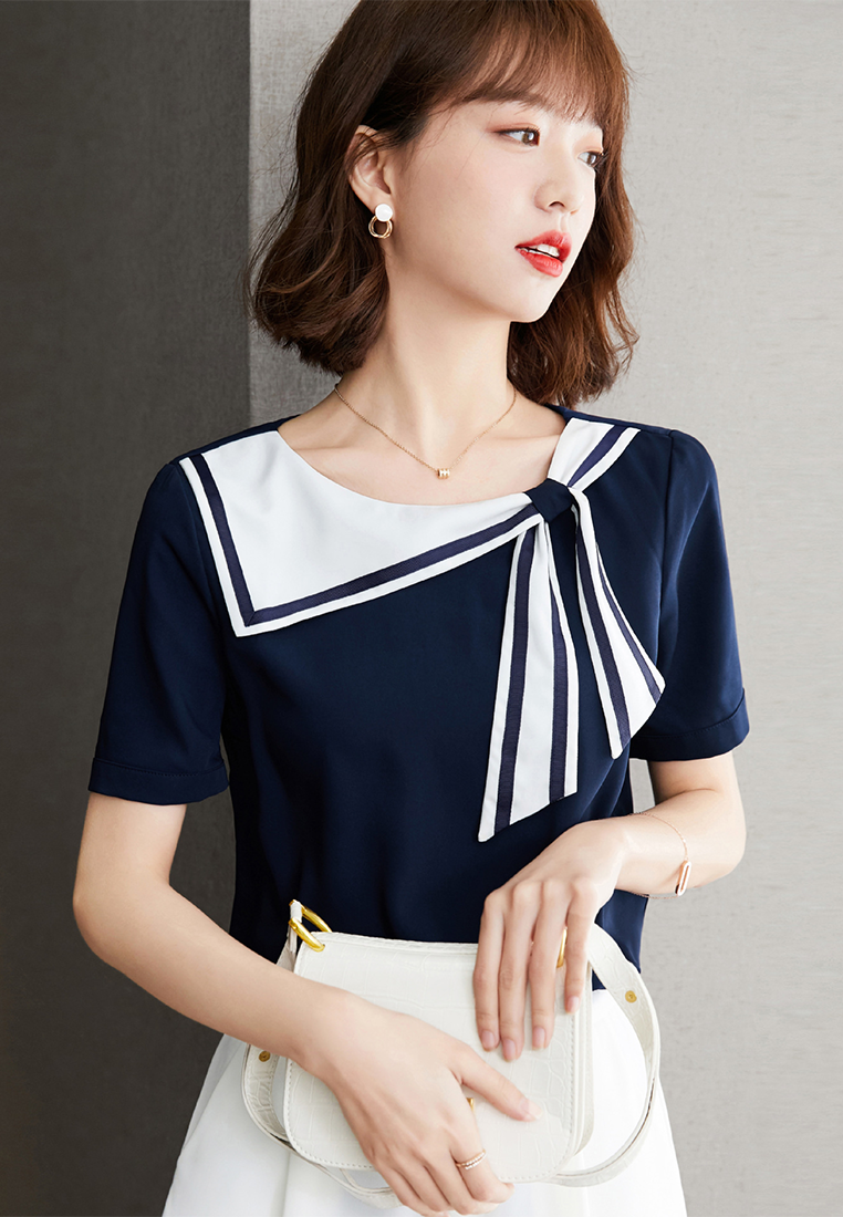 Western-Style Navy Blue Collar Loose Short-Sleeved Top A22022519BL