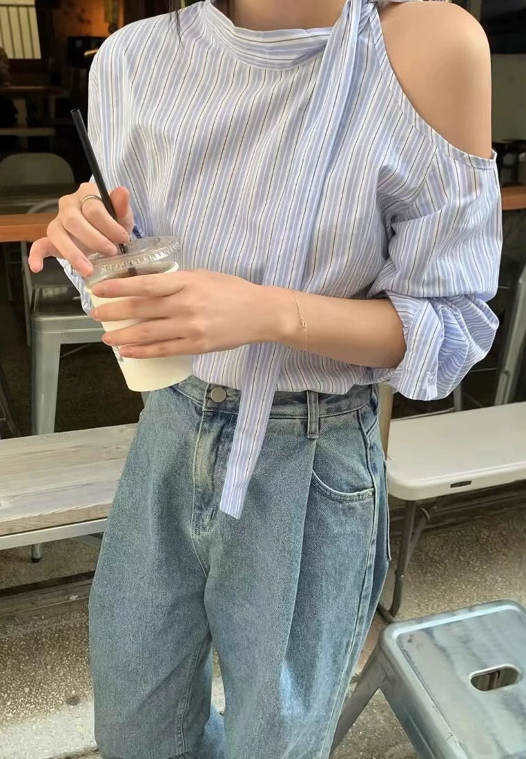 Korean chic early spring off-shoulder long-sleeved striped shirt with beveled laces CA25021310MT
