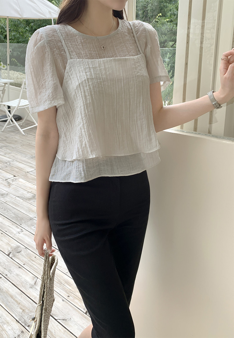 French crew neck puff sleeve textured chiffon top CA25060326GR