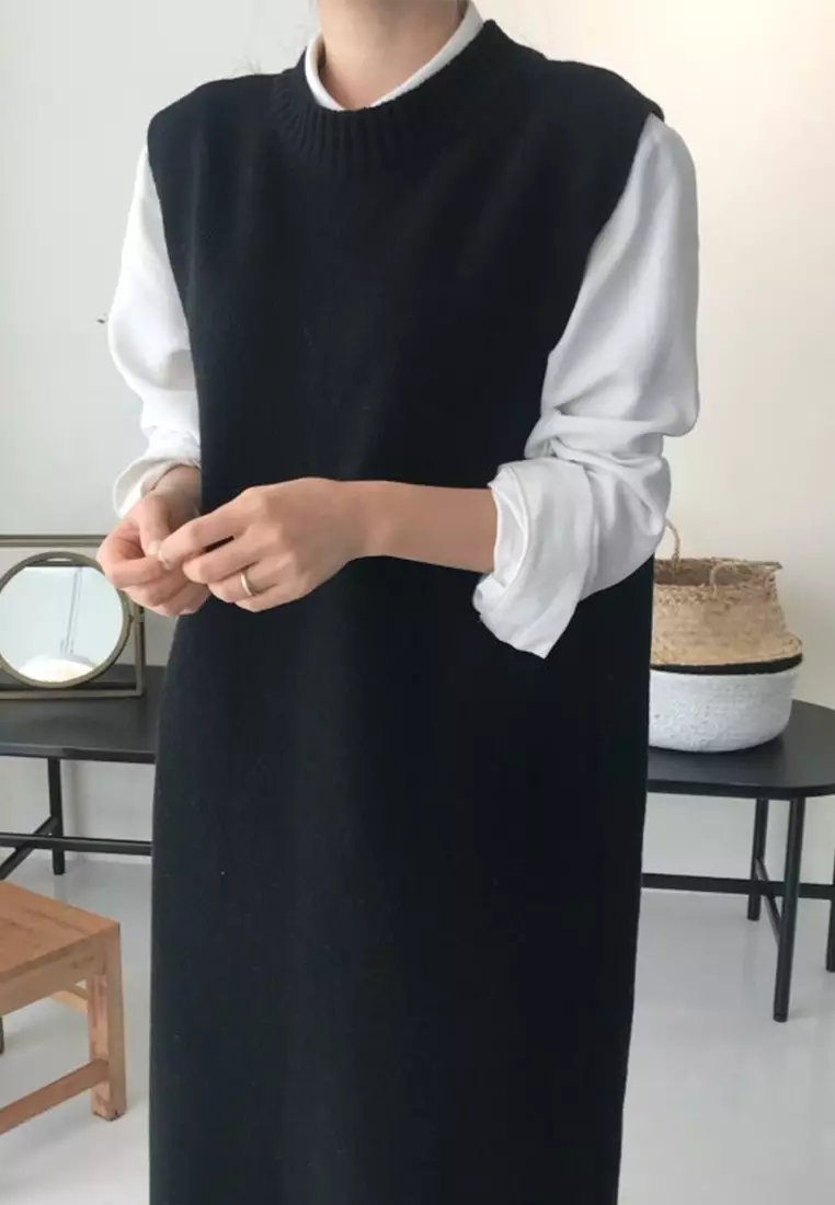 Classic retro long knit vest dress CA24092516BK