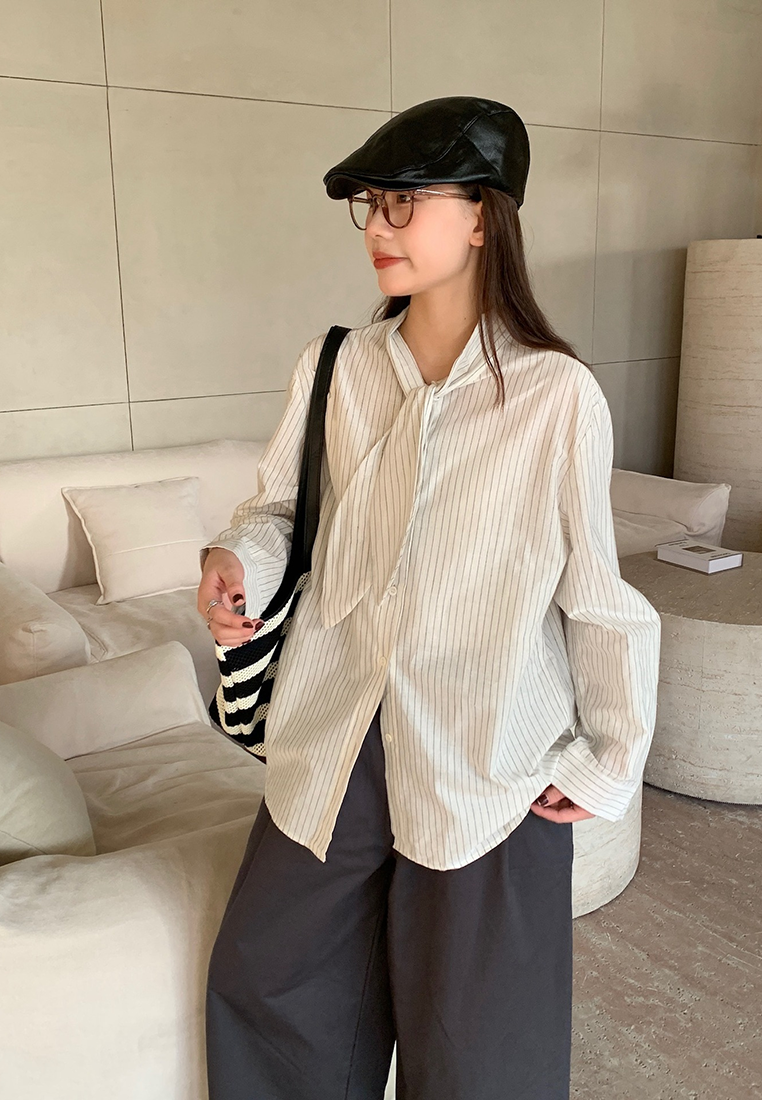 Korean style loose casual shirt with tied straps CA24092502BK