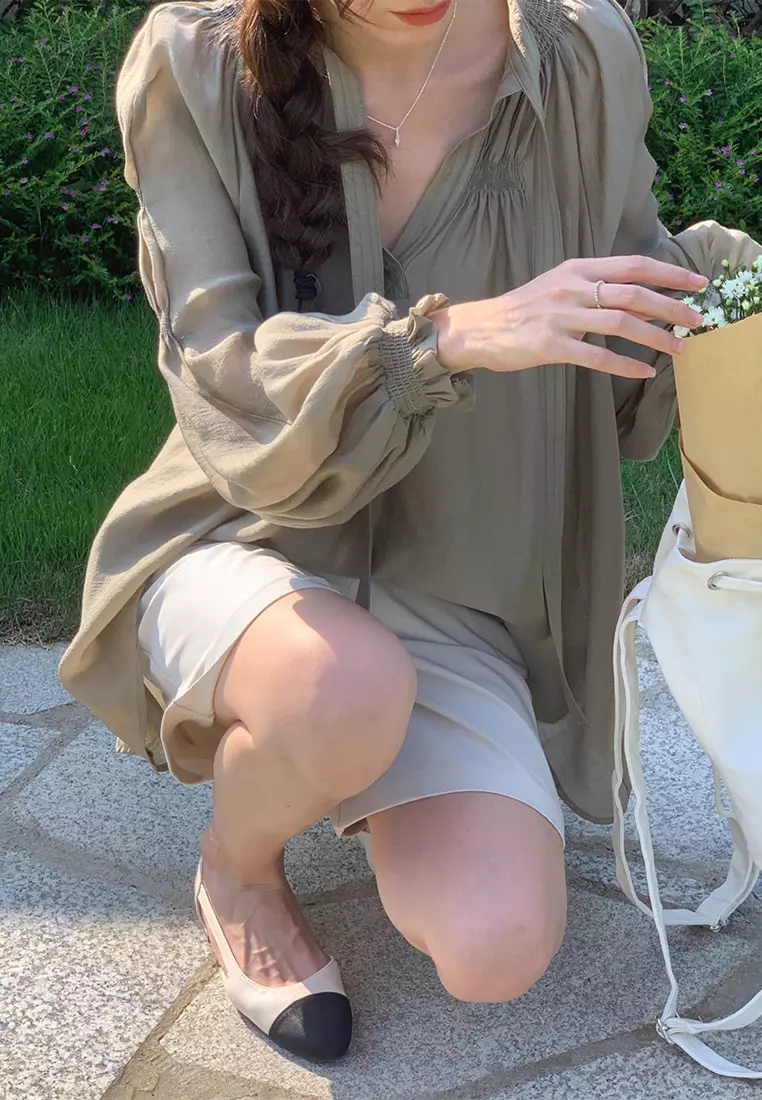 French ribbon V-neck long sleeved top CA24092511GR