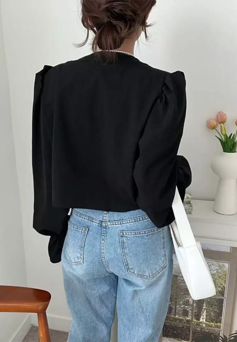 French fashion trumpet sleeve versatile top CA24092743BK