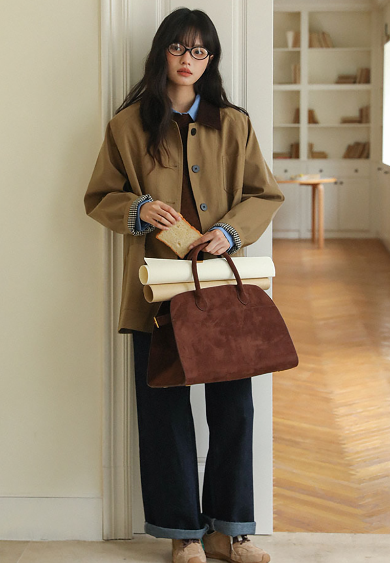 Retro contrast lapel workwear trench coat CA25091938KI