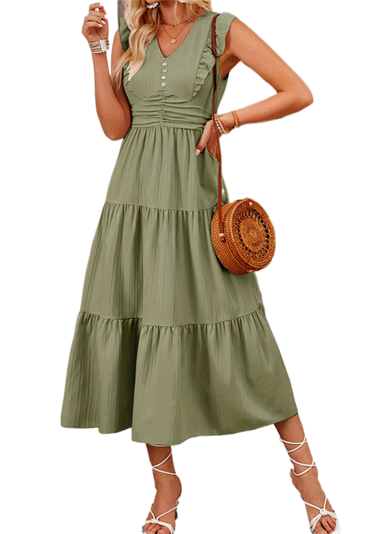 Solid color jacquard long sleeveless dress CA25042217PI