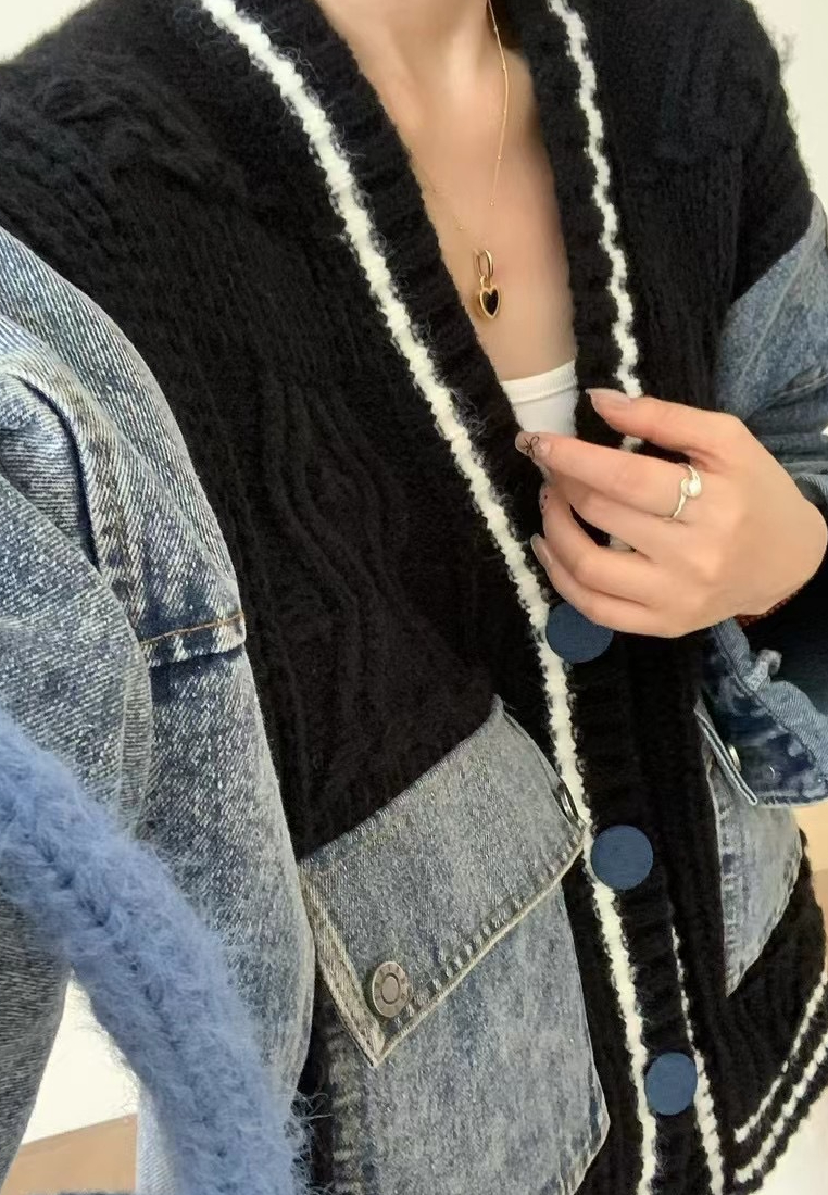 Temperament new denim splicing knitted jacket Cardigans K121001BL