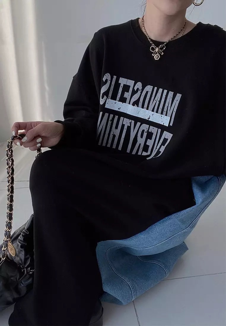 Korean printed patchwork denim loose dress CA24092506GY