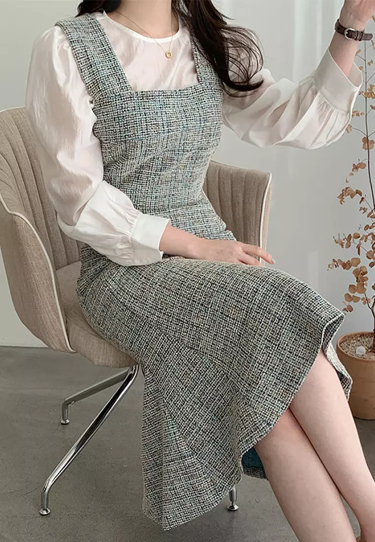 Vintage long shoulder strap dress with temperament CA24092717BW