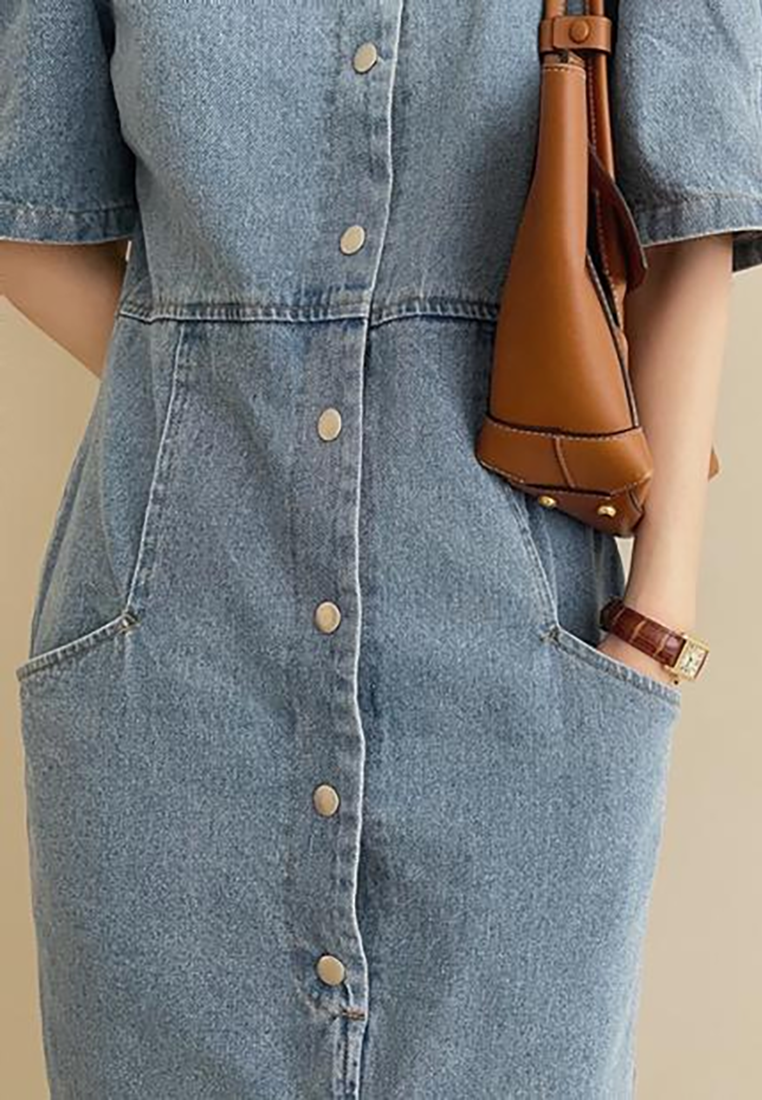 Vintage square neck single breasted long denim dress CA25021319DBL
