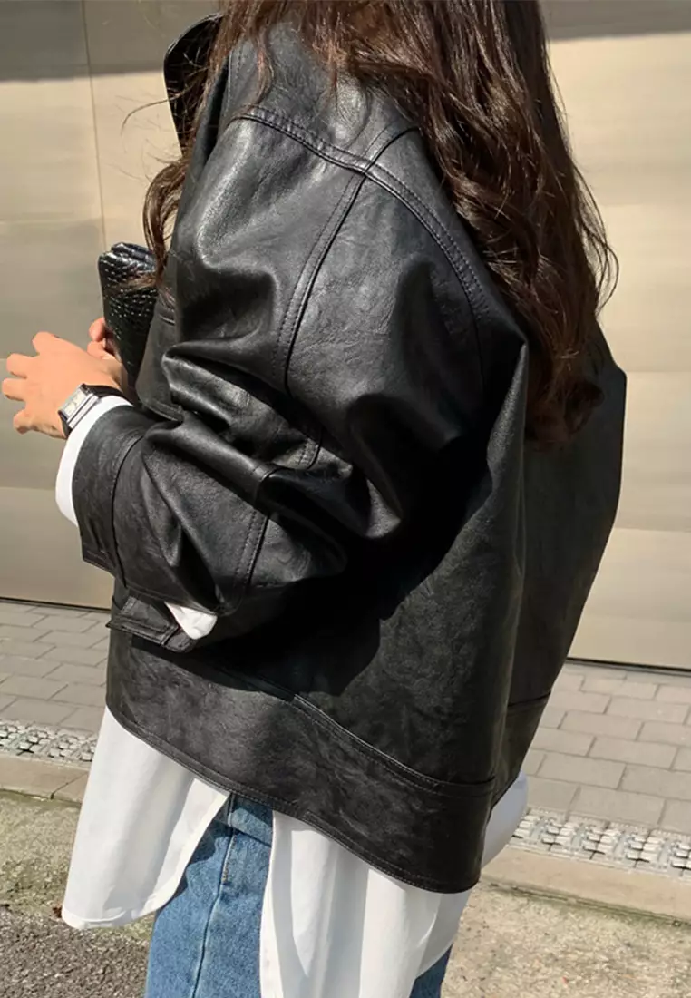 Single breasted loose leather jacket, casual cardigan jacket CA24092724BK