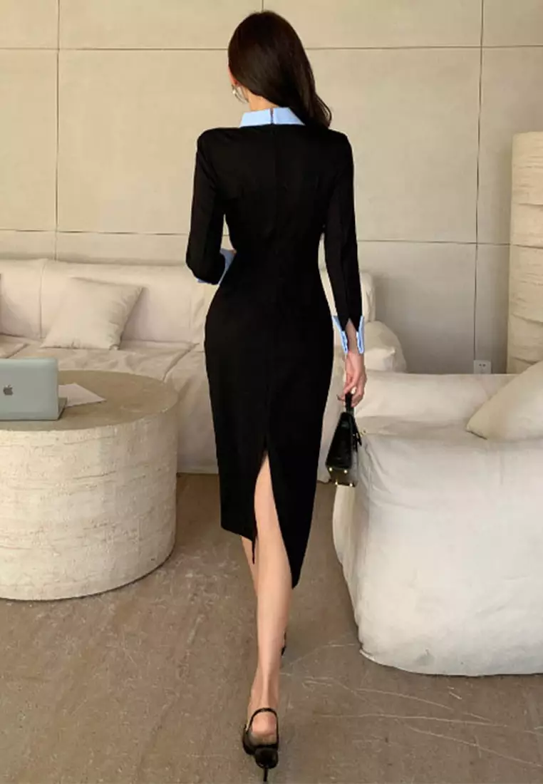Fashionable slim fit long sleeved dress with tie included CA24092706BL
