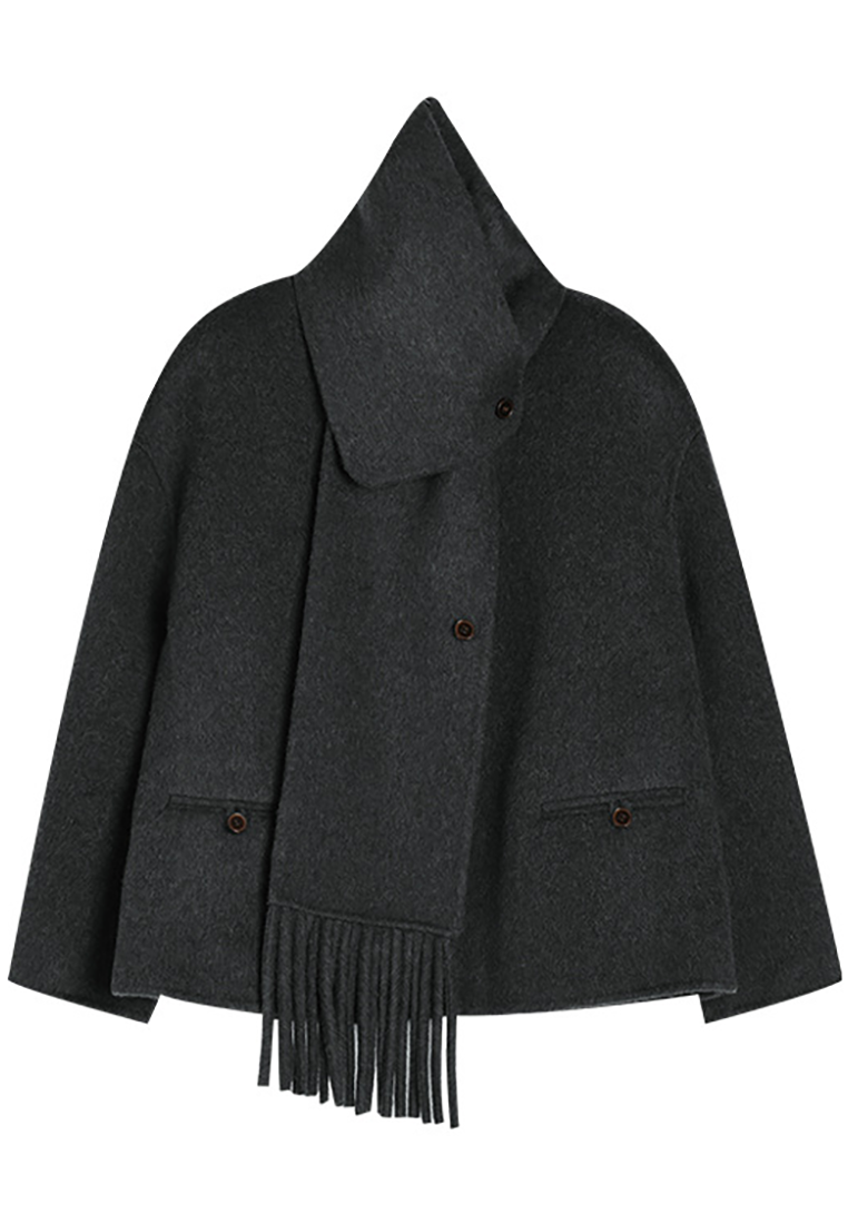 Winter detachable tassel scarf camel hair double-faced wool coat CA25010704GY