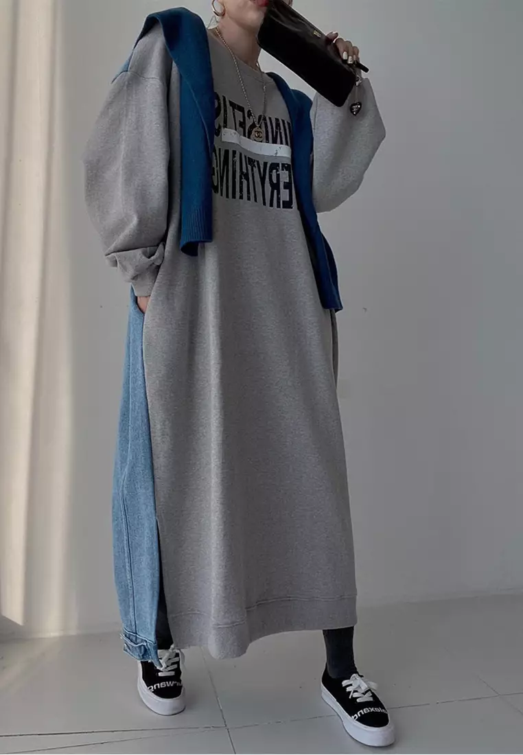 Korean printed patchwork denim loose dress CA24092506GY