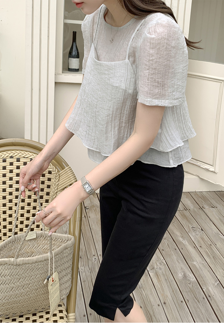French crew neck puff sleeve textured chiffon top CA25060326GR