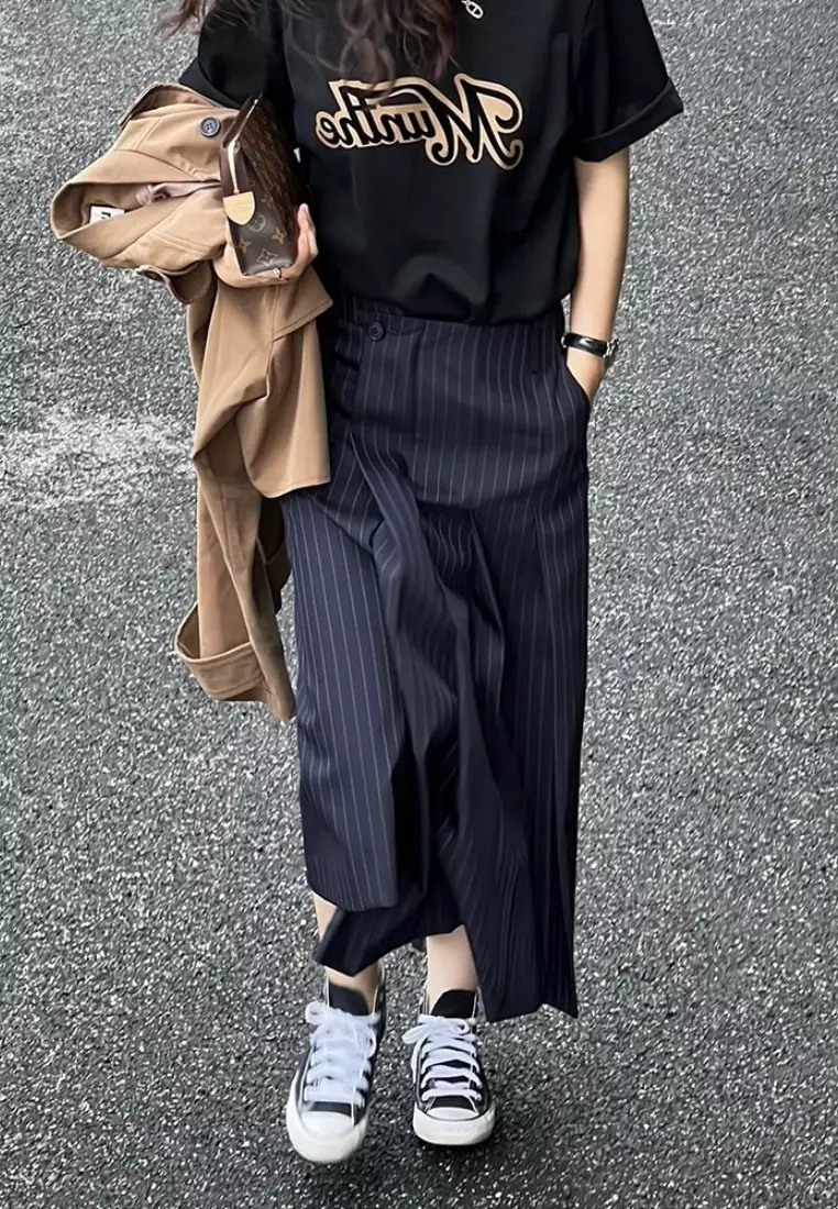 Temperament new striped skirt high waist retro A-line mid-length skirt K112504