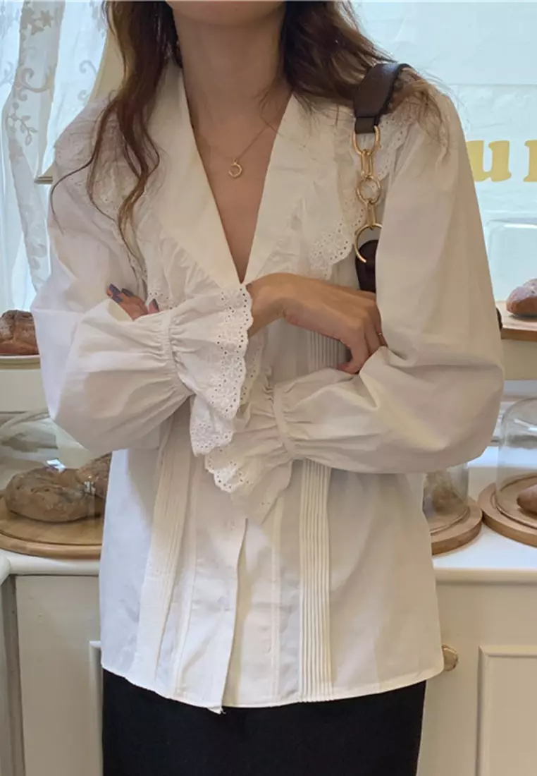 Lace versatile single breasted flared sleeve shirt CA24092726W