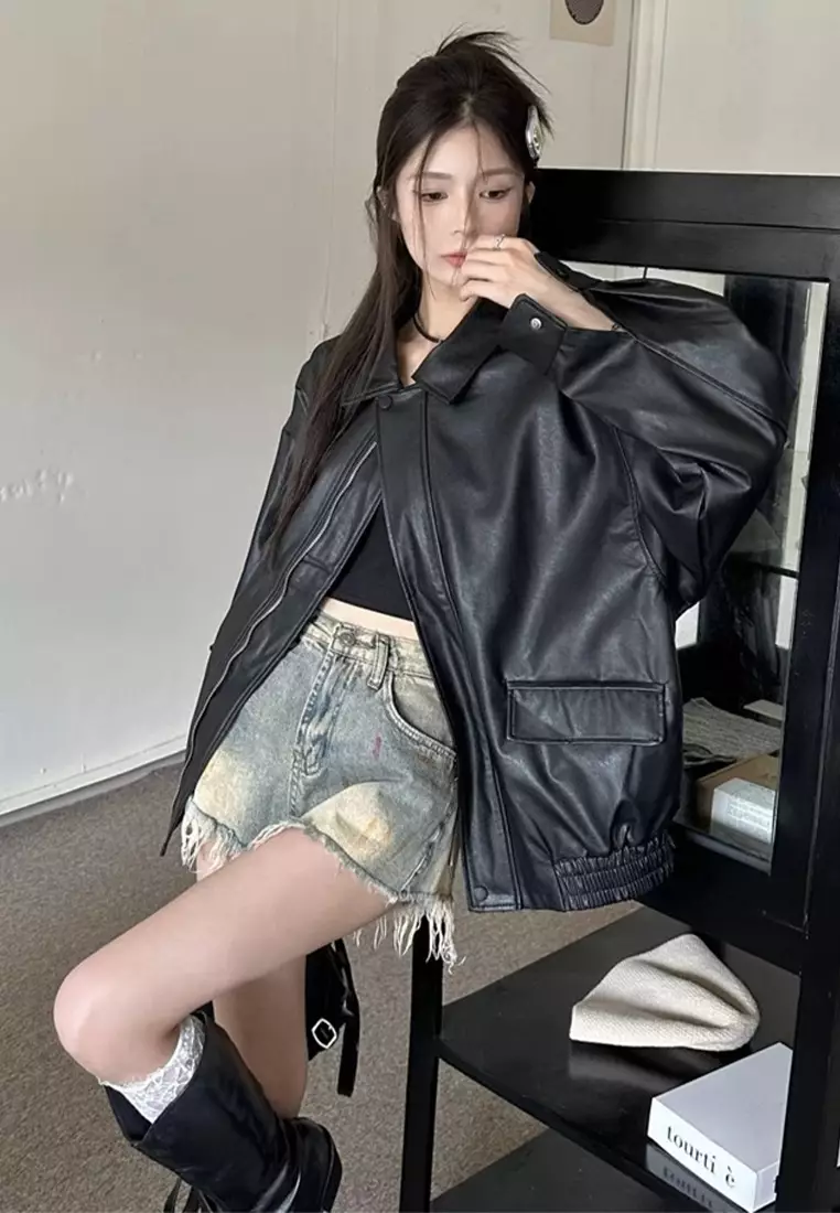 American retro Maillard leather jacket CA24092321BK