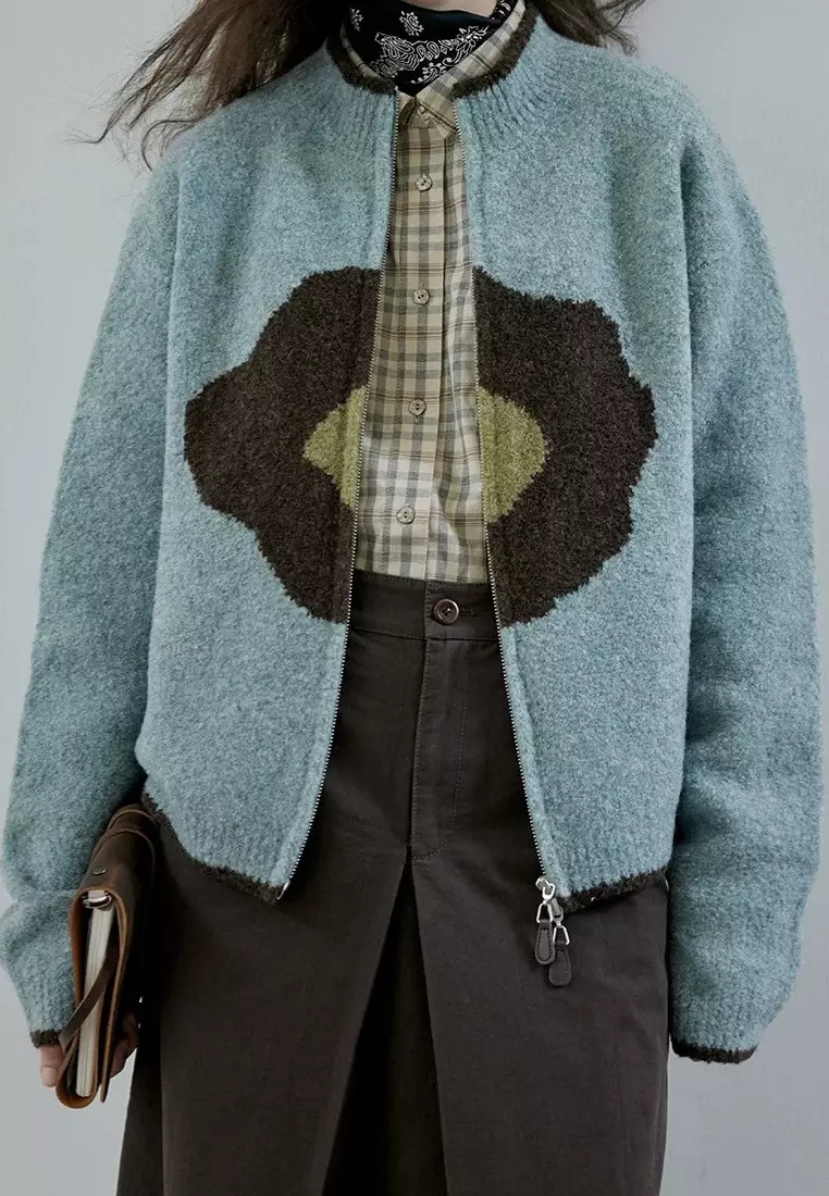 Retro style new flower pattern zipper knitted sweater jacket Cardigan K120302GY