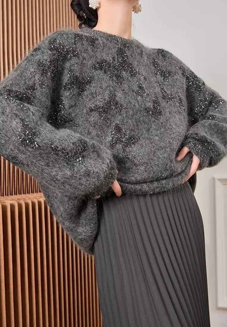 Temperament new gray star pattern shiny mohair knitted sweater top K112601