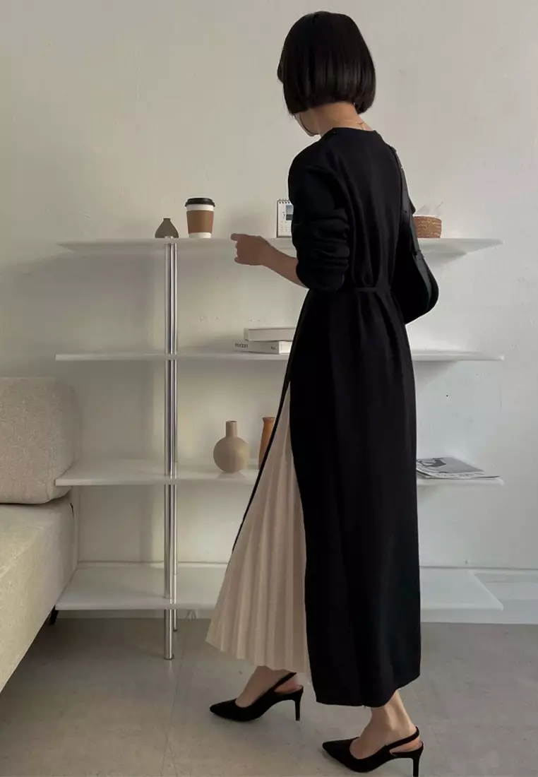 French elegant round neck patchwork lace up dress CA24092728BK