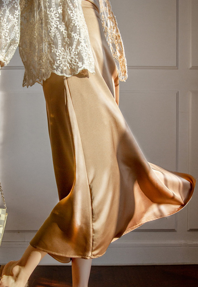 --French Retro Silk High Waist Midi Skirt A21031922BW-L