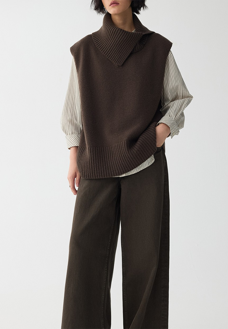 Wool Detachable Neck Warmer V-Neck Knitted Vest CA25110701GY