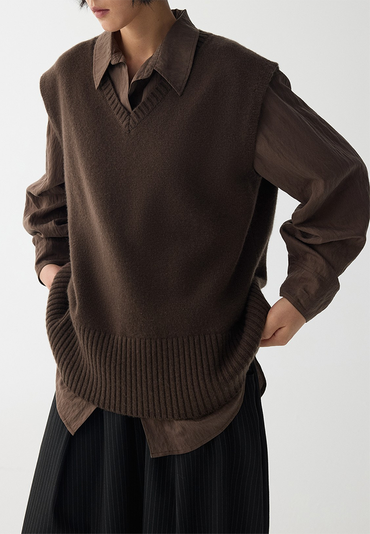 Wool Detachable Neck Warmer V-Neck Knitted Vest CA25110701GY