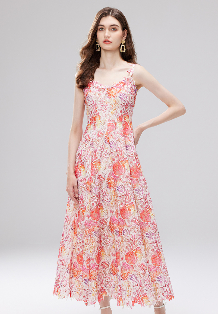 Boho Floral Print Lace Trim Cami Maxi Dress K26060801