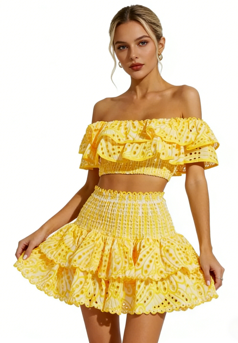 Boho Summer Two Piece Outfit Ruffle Trim Smocked Crop Top Tiered Mini Skirt Set K26040901